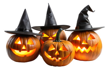 Three carved halloween pumpkins with glowing faces and witch hats, isolated on a transparent background