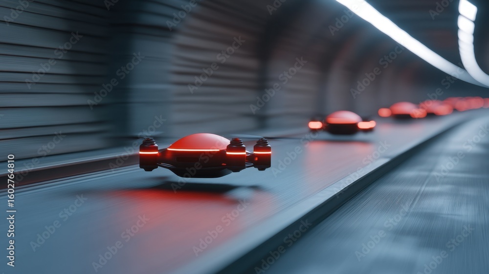 Poster futuristic red drones in motion through a high-speed tunnel