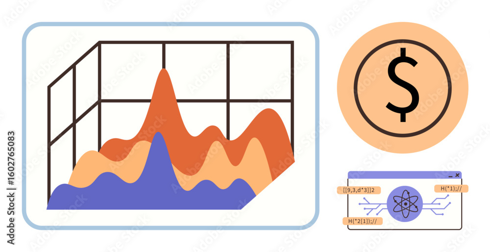 Poster multi-layered line chart analyzing trends over time, dollar icon, tech module with atomic concept. i