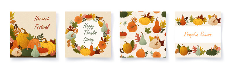 Set of square cozy autumn cards with pumpkins, colorful wreath and seasonal pattern. Warm fall mood and textured hand-drawn elements Trendy vector design for Thanksgiving poster, banner, card or print