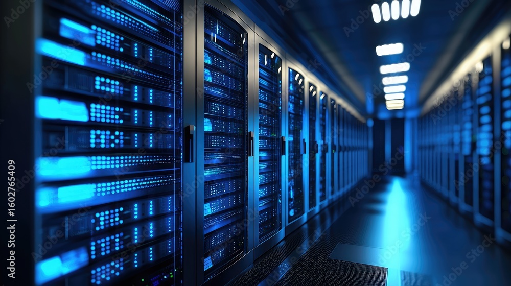 Poster blue-lit futuristic data center with rows of high-performance servers enclosed in glass panels, symb