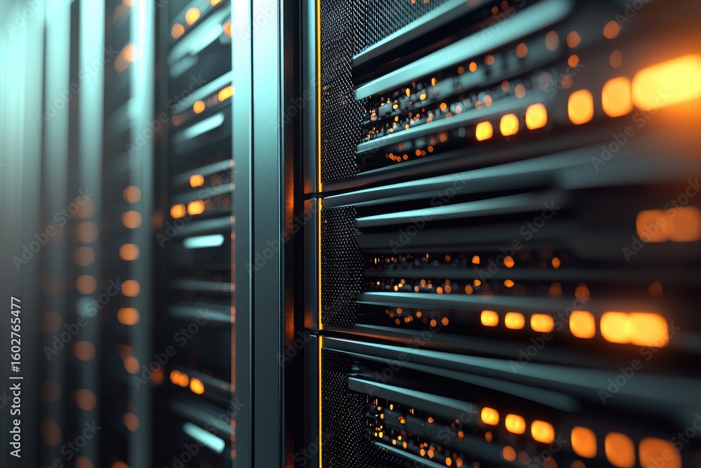 Poster close-up view of modern server rack with glowing orange lights in a high-tech data center, represent
