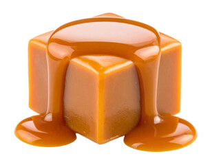 One beautiful sweet caramel candy cube topped with caramel sauce isolated on white background