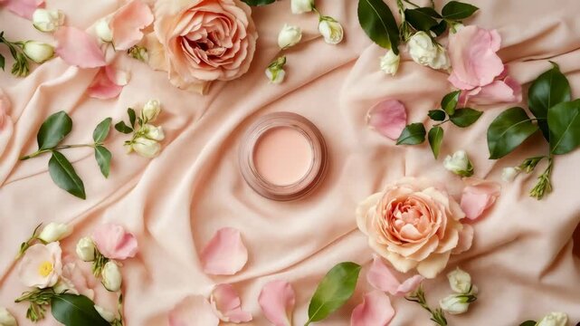 Pink roses and wedding rings in romantic flat lay composition. Ideal for wedding invitations and romantic celebration materials.