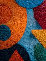 Colorful fabric and painted wall textures create a vibrant, detailed pattern of textile art