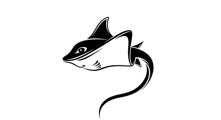 A stylized, black and white illustration of a stingray swimming, featuring a curved tail and detailed eye.
