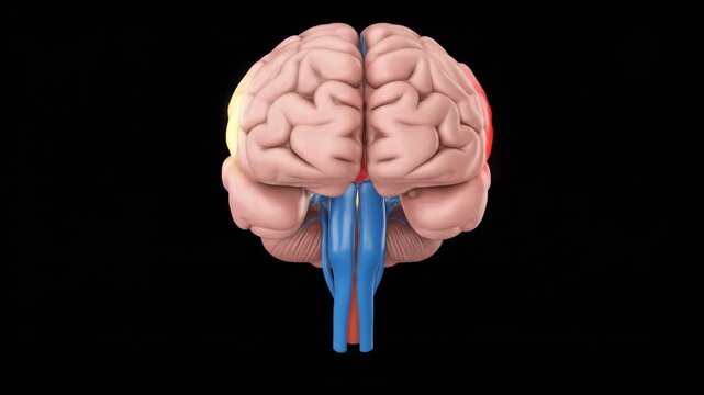 Detailed 3D animation of the human brain showcasing specific areas highlighting neural activity, pain, or cognitive function against a dark background as it rotates