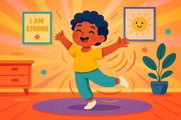 Happy child dancing with confidence in positive room