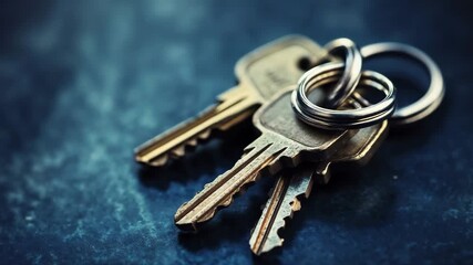Metal house keys on dark blue surface close-up. Essential for real estate marketing and home security concepts. - Powered by Adobe