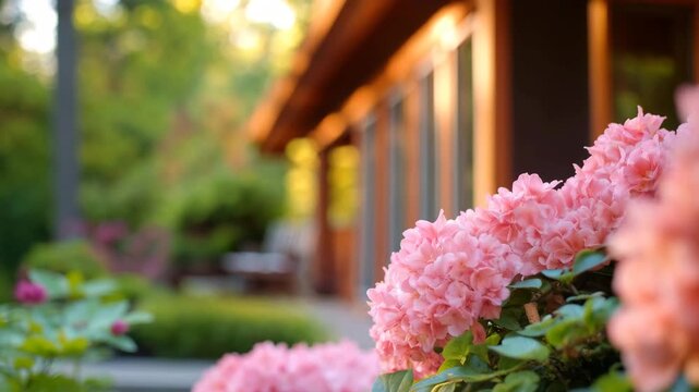 Pink hydrangea flowers near wooden house exterior. Great for garden centers and landscape design presentations.