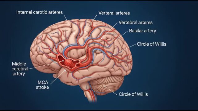Detailed 3D animation of the human brain's arterial system illustrating a middle cerebral artery stroke and blood flow pathways