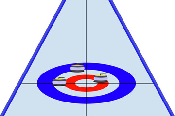 Vector illustration of a curling track with stones between the rings. Popular winter sport, team sport. Sending special stones down the ice track.