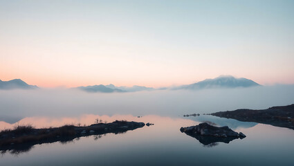 A serene landscape featuring a calm lake with mountains shrouded in mist at dawn or dusk light