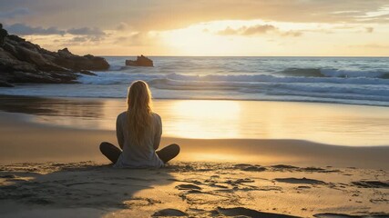 Person meditating on beach during golden sunset hour. Ideal for wellness retreats and mindfulness program advertising.