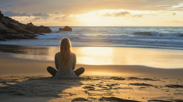 Person meditating on beach during golden sunset hour. Ideal for wellness retreats and mindfulness program advertising.