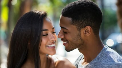Diverse couple sharing intimate moment outdoors with genuine smiles. Great for relationship counseling and dating service advertising.