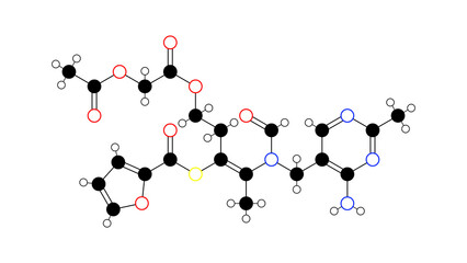 acefurtiamine molecule, structural chemical formula, ball-and-stick model, isolated image vitamin b1 analog