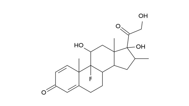 betamethasone molecule, structural chemical formula, ball-and-stick model, isolated image anti-inflammatory