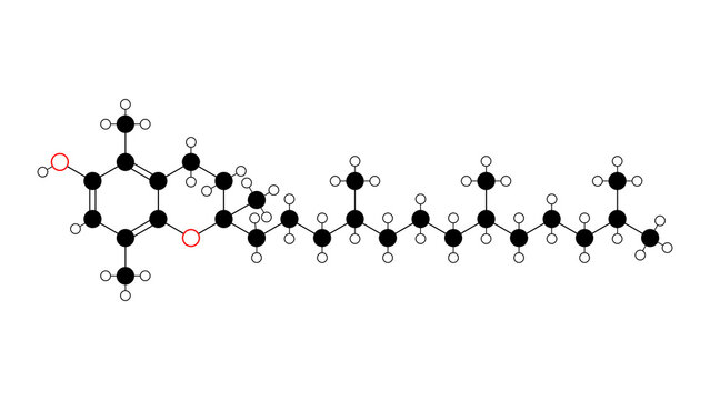 &beta;-tocopherol molecule, structural chemical formula, ball-and-stick model, isolated image vitamin e variant
