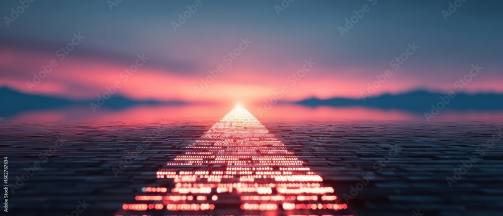 Poster futuristic digital pathway with glowing binary code leading toward a bright horizon against a vibran