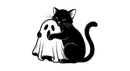 A black cat cuddling a cute ghost, creating a playful and spooky scene 