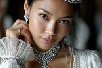 Elegant portrait of a woman adorned in sparkling jewelry at a celebration event