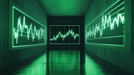 A futuristic room displaying green digital stock market charts on three large screens, reflecting on a glossy floor.