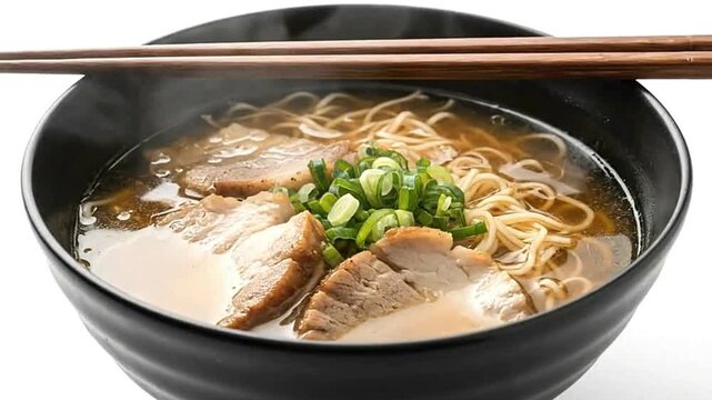 A steaming bowl of ramen with pork green onions  noodles in broth with chopsticks resting on the rim