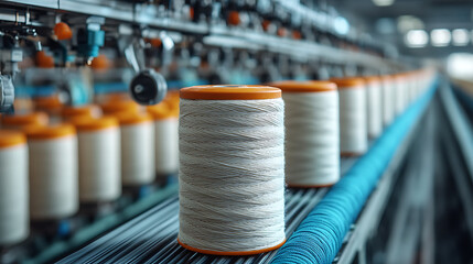 Textile industry scene featuring circular knitting system for continuous fabric creation, used in high-volume clothing and knitwear production
