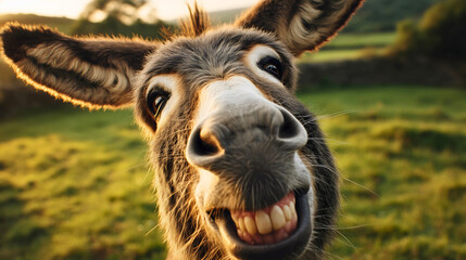 A beautiful picture of a smiling donkey with a happy facial expression, cute and joyful animals.
