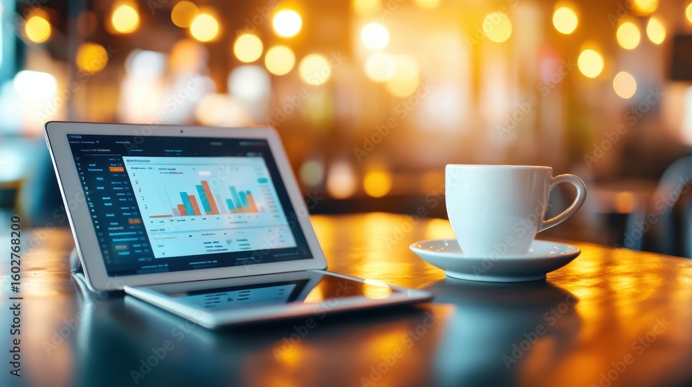 Poster a tablet displaying business analytics with bar charts sits on a wooden table next to a white coffee
