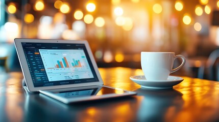 A tablet displaying business analytics with bar charts sits on a wooden table next to a white coffee cup in a warm, blurred background setting.