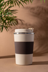 Reusable Coffee Thermo Cup Mockup on Beige Background â€“ Minimal Eco-Friendly Product Branding Template