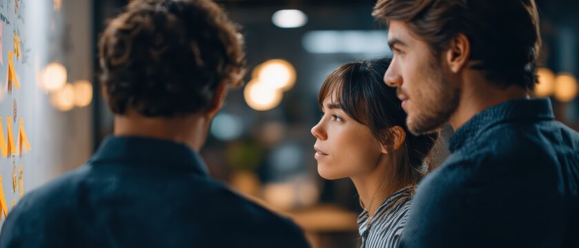 Three young professionals collaborate closely, analyzing notes on a transparent board in a modern office setting with focused expressions.