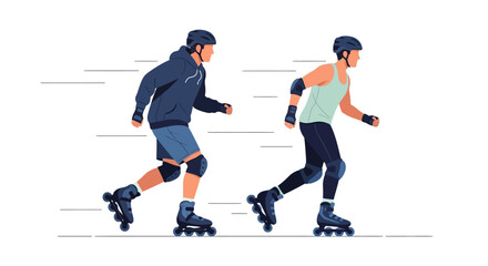 Obraz premium Two men rollerblading, side-by-side, in motion, wearing protective gear.
