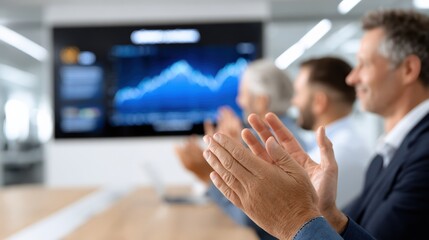 Business professionals applaud in a modern office with a stock market graph displayed on a screen in the background.