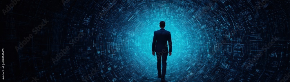 Poster a man in a suit stands facing a glowing blue tunnel filled with digital circuitry, symbolizing immer