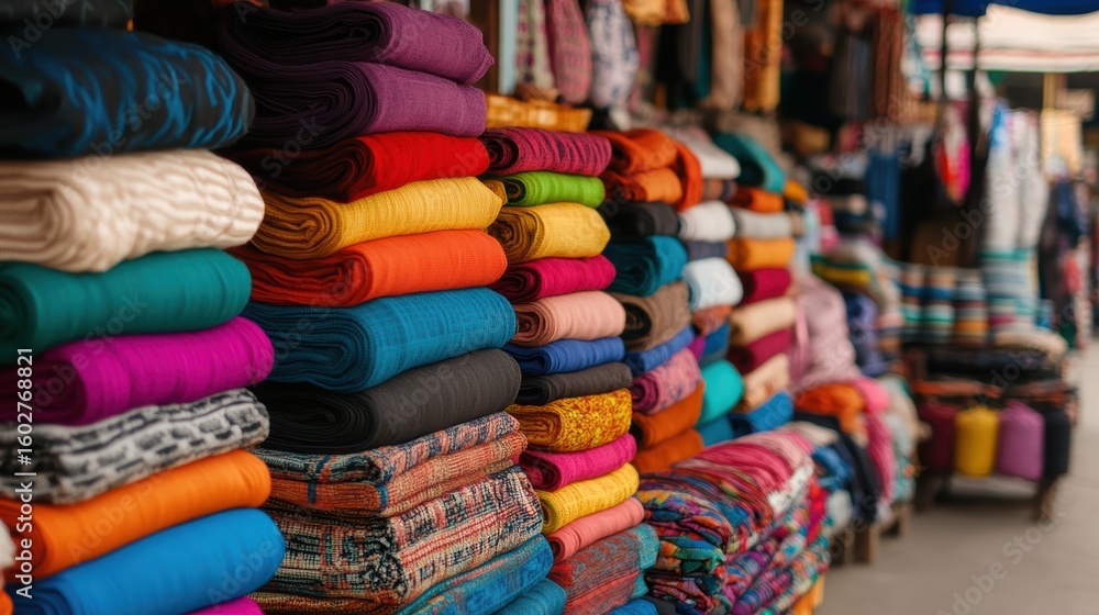 Poster colorful folded fabrics stacked in neat piles at a textile shop, showcasing a variety of patterns an
