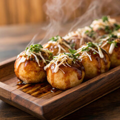 close up photo of freshly made takoyaki	