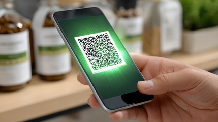 A hand holds a smartphone displaying a glowing QR code, ready to scan in a retail setting with blurred product bottles in the background.