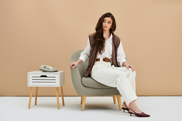 Chic studio portrait of a young woman in fashionable attire with a vintage touch