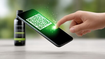 A hand interacts with a smartphone displaying a glowing green QR code, with a blurred bottle in the background on a smooth surface.