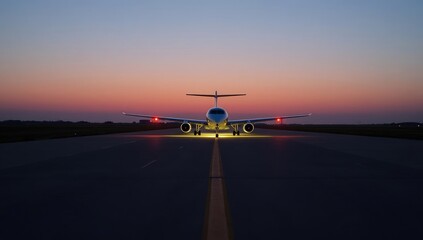Naklejka premium Jet Airplane on Runway at Sunset with Glowing Lights