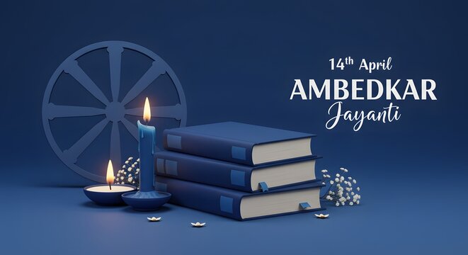 A solemn tribute to dr br ambedkar on his jayanti featuring books lit candles and the ashoka chakra on a blue background