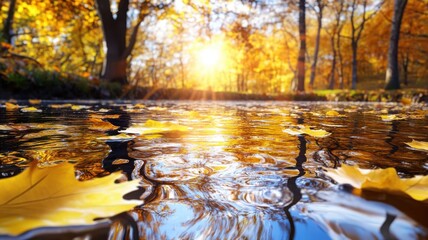Obraz premium Mirror-like stream reflecting bright autumn trees with golden and amber foliage, with textured floating leaves in foreground