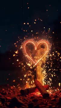vertical video background with a fire burning in the night with sparks in the shape of a heart shining above it