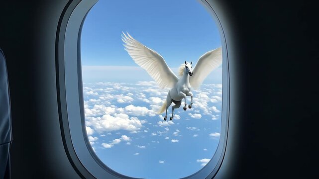 Winged Pegasus Flying Outside Airplane Window Against a Cloudy Sky