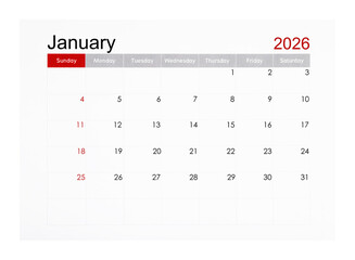 January 2026 monthly calendar page isolated on white background, Saved clipping path.