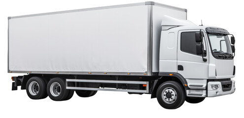 A clean white delivery truck stands ready for transport with a transparent background ideal for graphic design and freight industry projects.