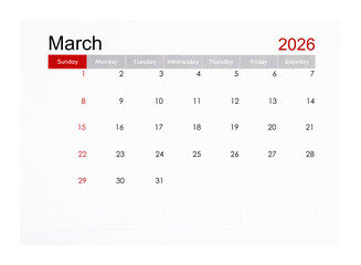 March 2026 monthly calendar page isolated on white background, Saved clipping path.